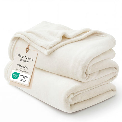 Bedsure blanket front view shows cream color and cozy texture benefit