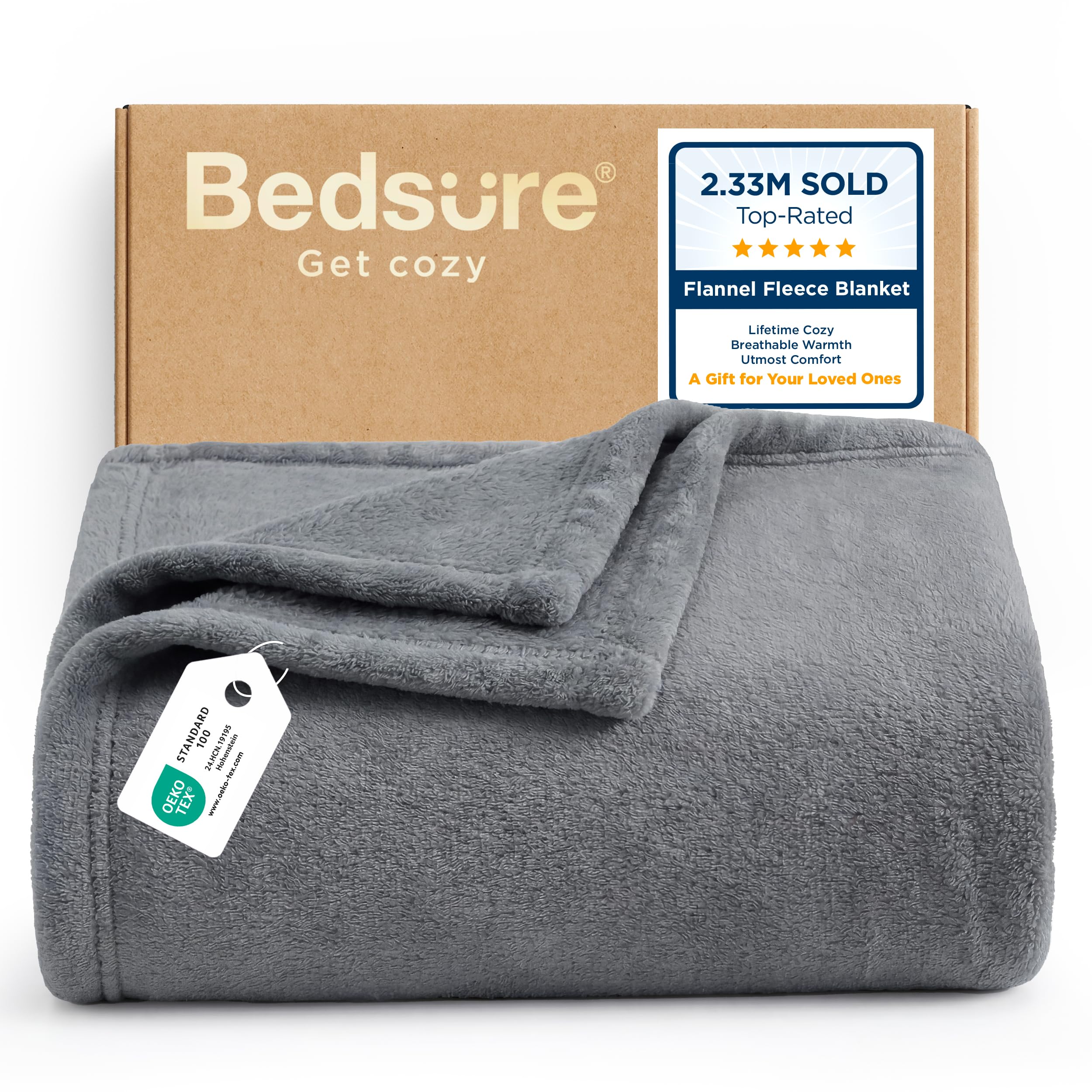 Bedsure front view of grey GentleSoft blanket showing tidy drape and cozy appeal
