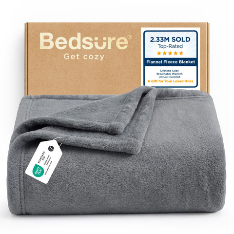 Bedsure front view of grey GentleSoft blanket showing tidy drape and cozy appeal