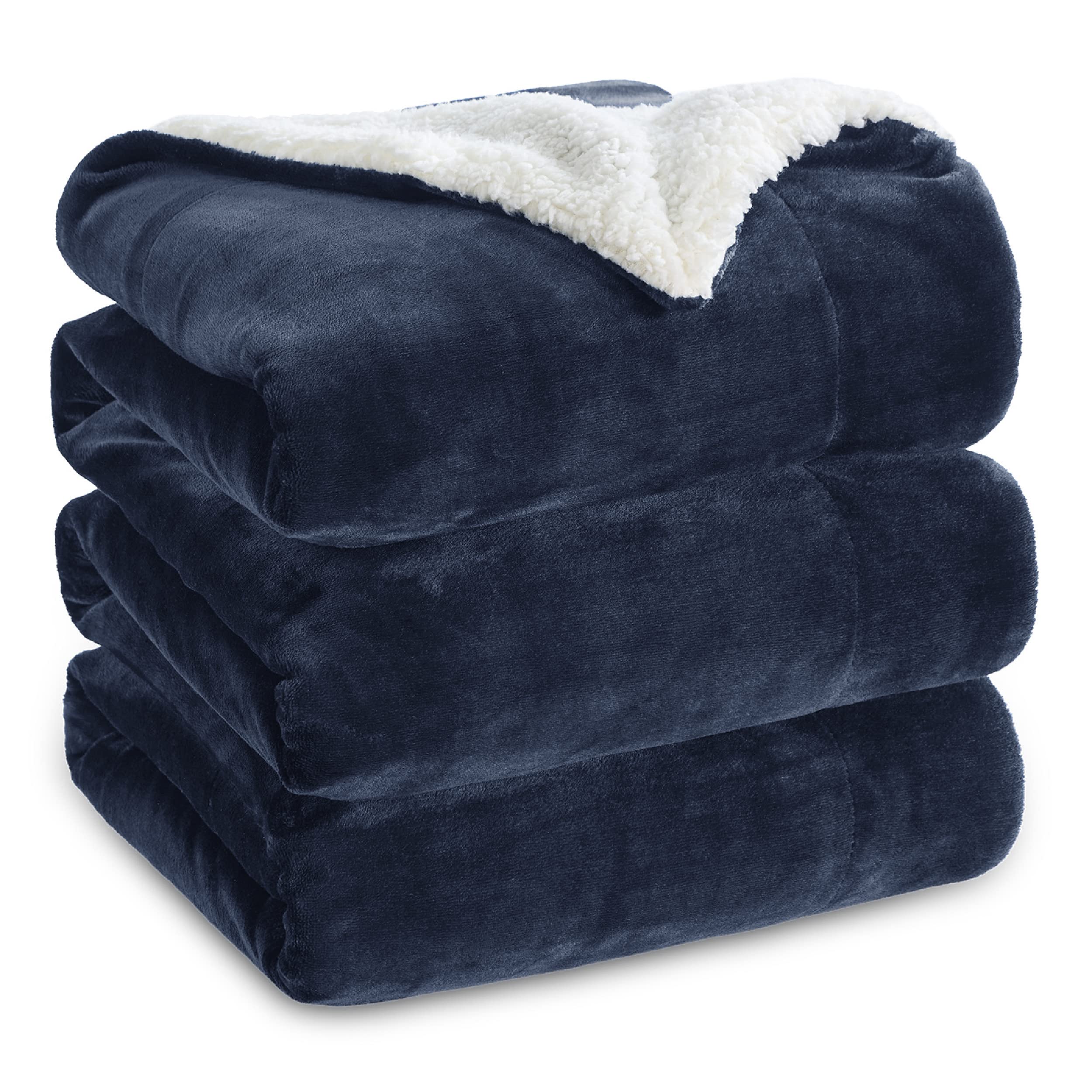Bedsure blanket front packaging showing navy color and size benefits