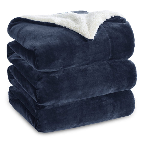 Bedsure blanket front packaging showing navy color and size benefits
