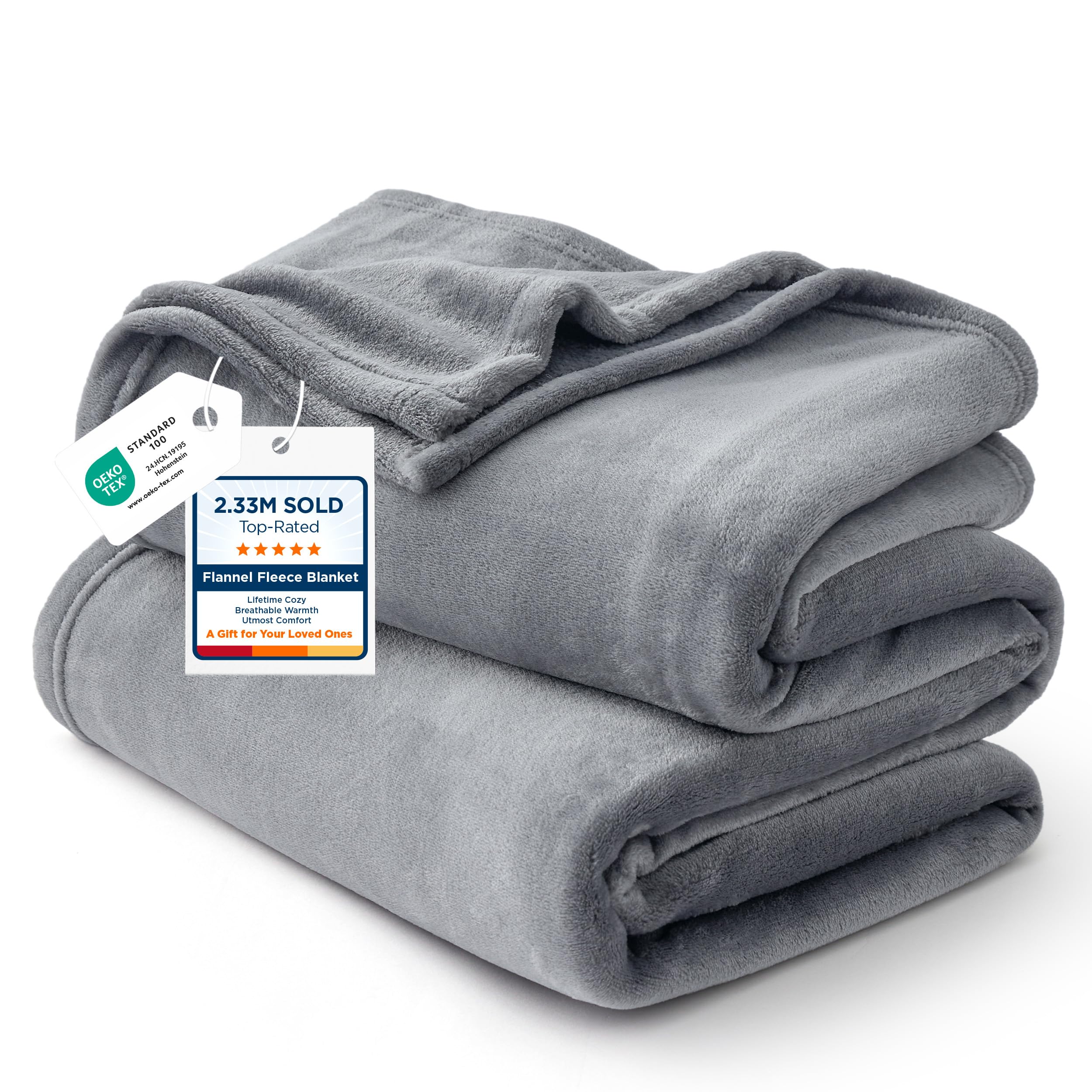 Bedsure GentleSoft front view showing full grey blanket and cozy benefit