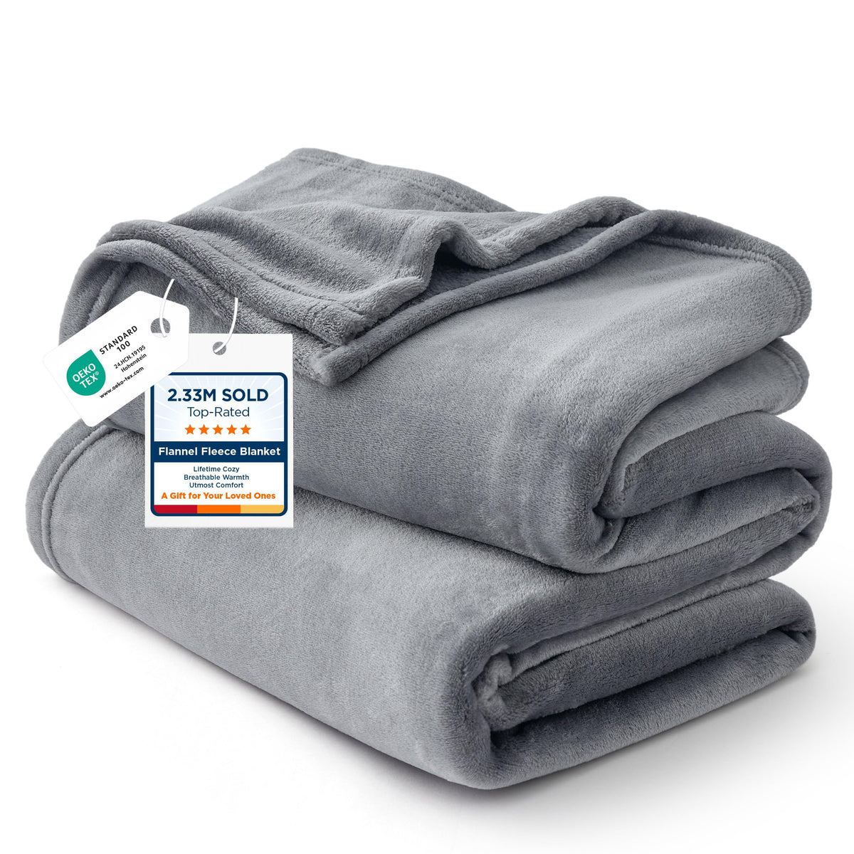 Bedsure GentleSoft front view showing full grey blanket and cozy benefit