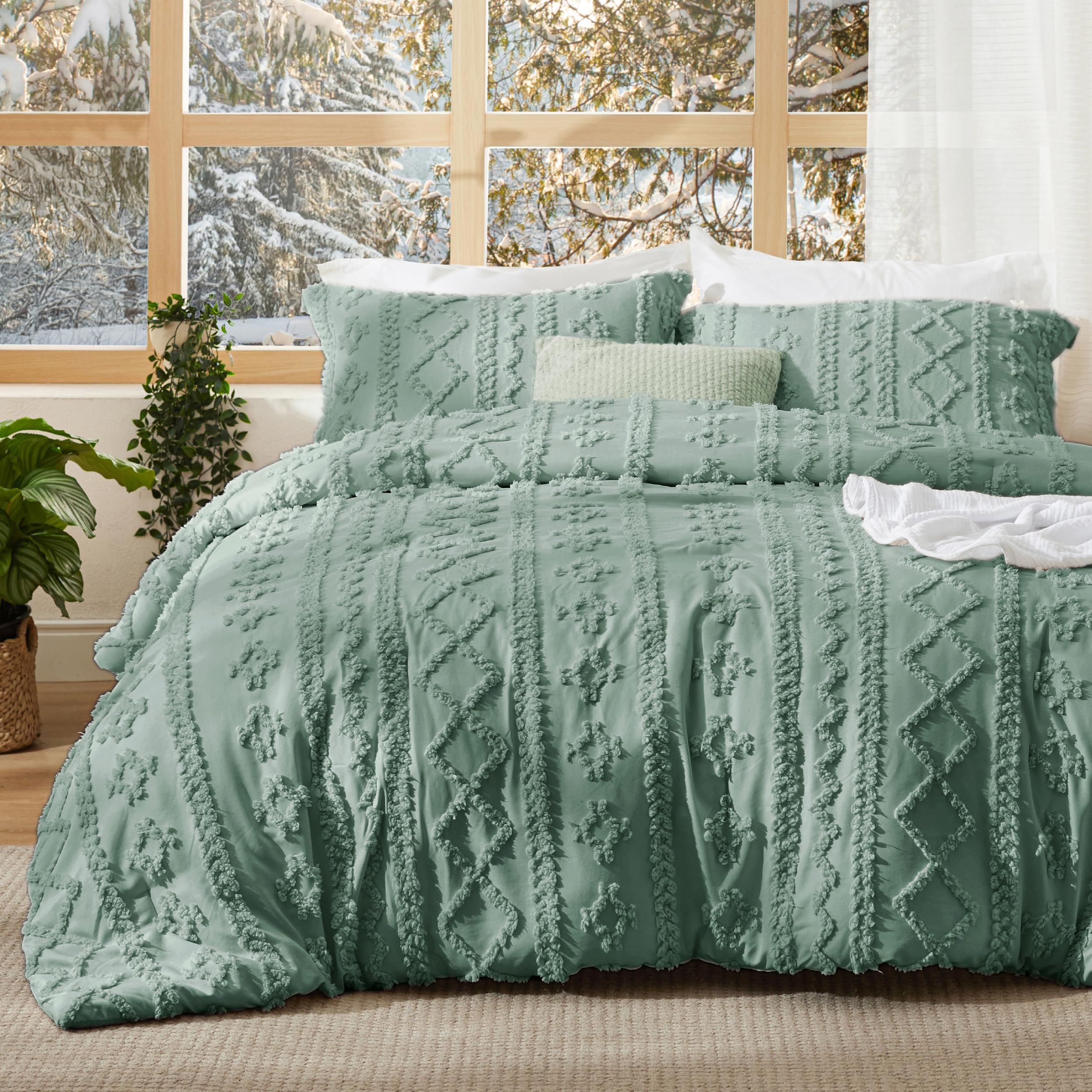 Bedsure front view of green boho comforter showing styled bed benefit: elevated décor