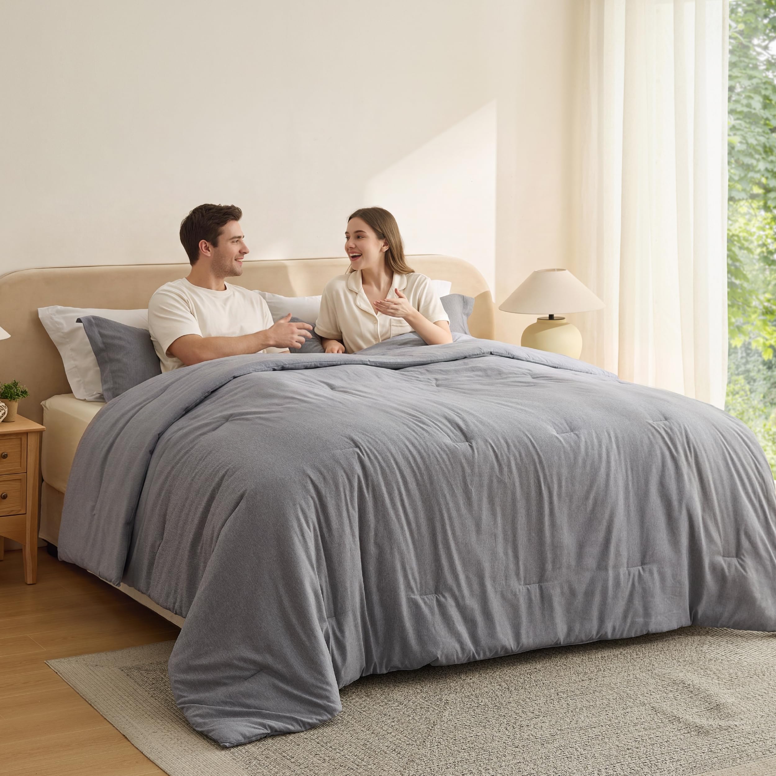Bedsure front view of grey California king comforter showing full bed coverage and neat finish