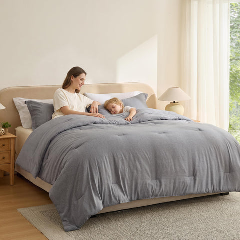 Bedsure grey comforter front view showing full king coverage and neat drape
