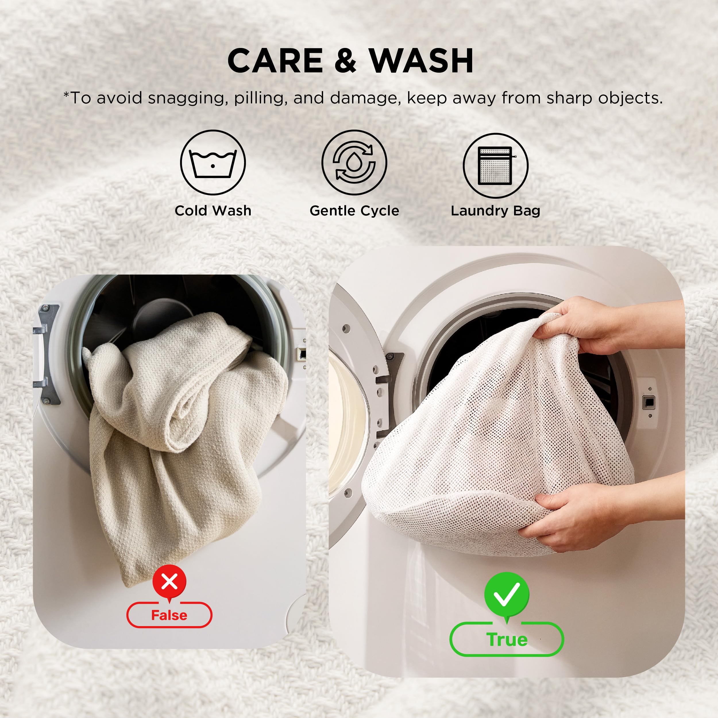 Bedsure care label and fabric close-up indicating easy machine-wash maintenance
