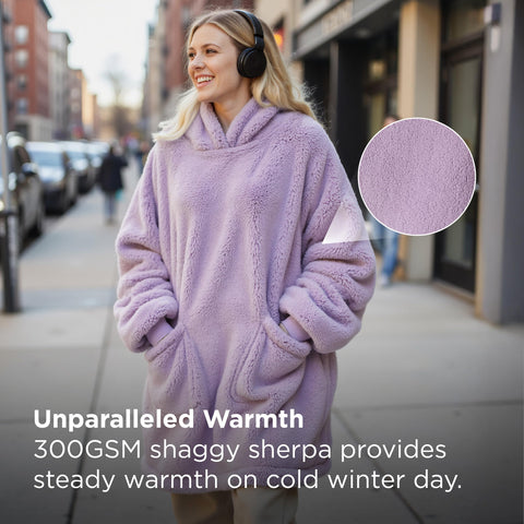 Bedsure hooded profile worn by model adding extra head warmth