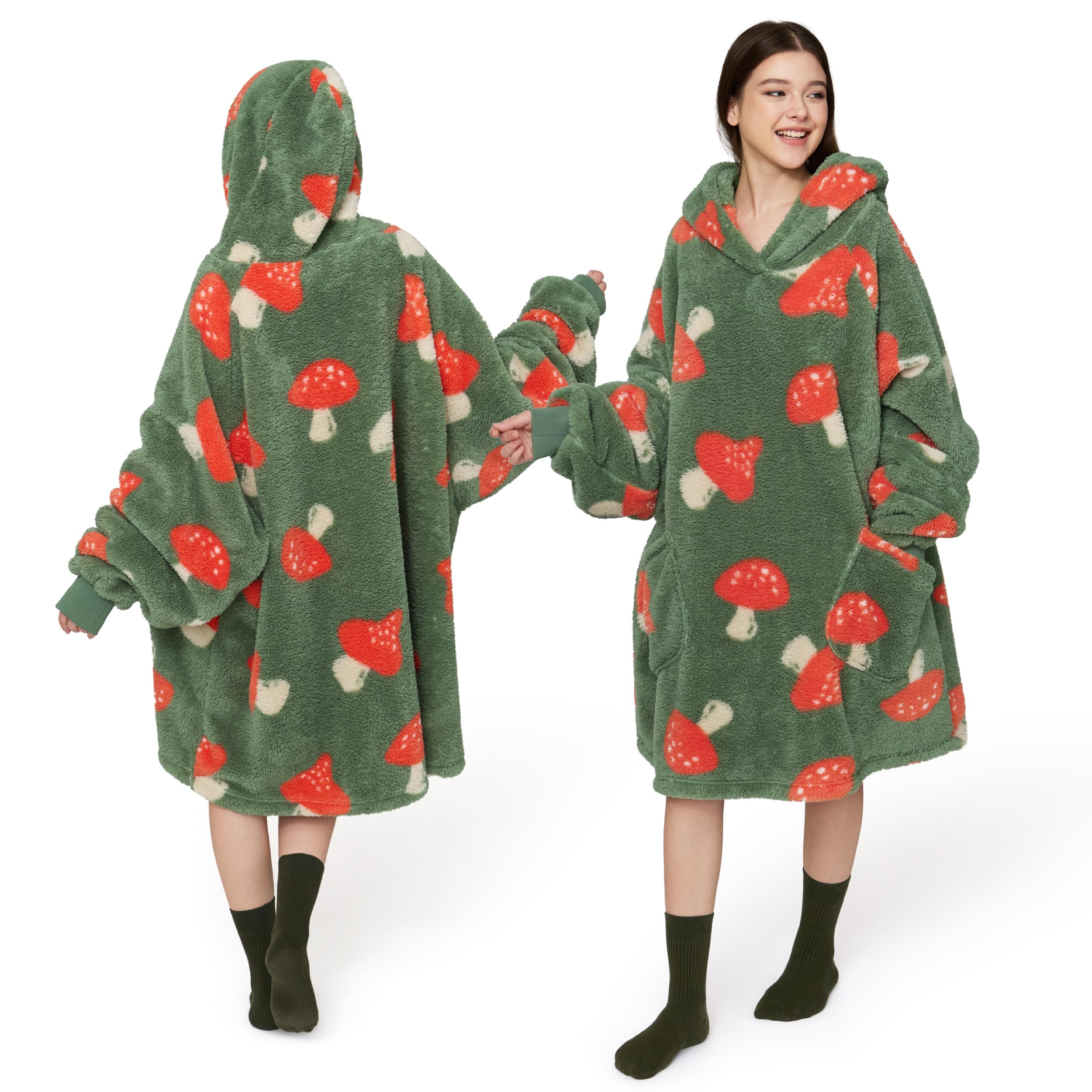 Bedsure front view of dark green wearable blanket hoodie showing cozy fit