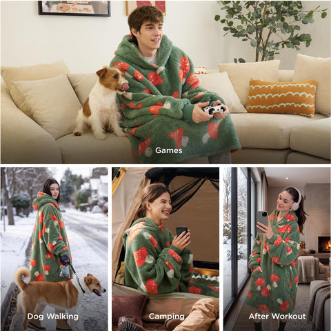Bedsure hoodie blanket worn on couch for lounging comfort benefit