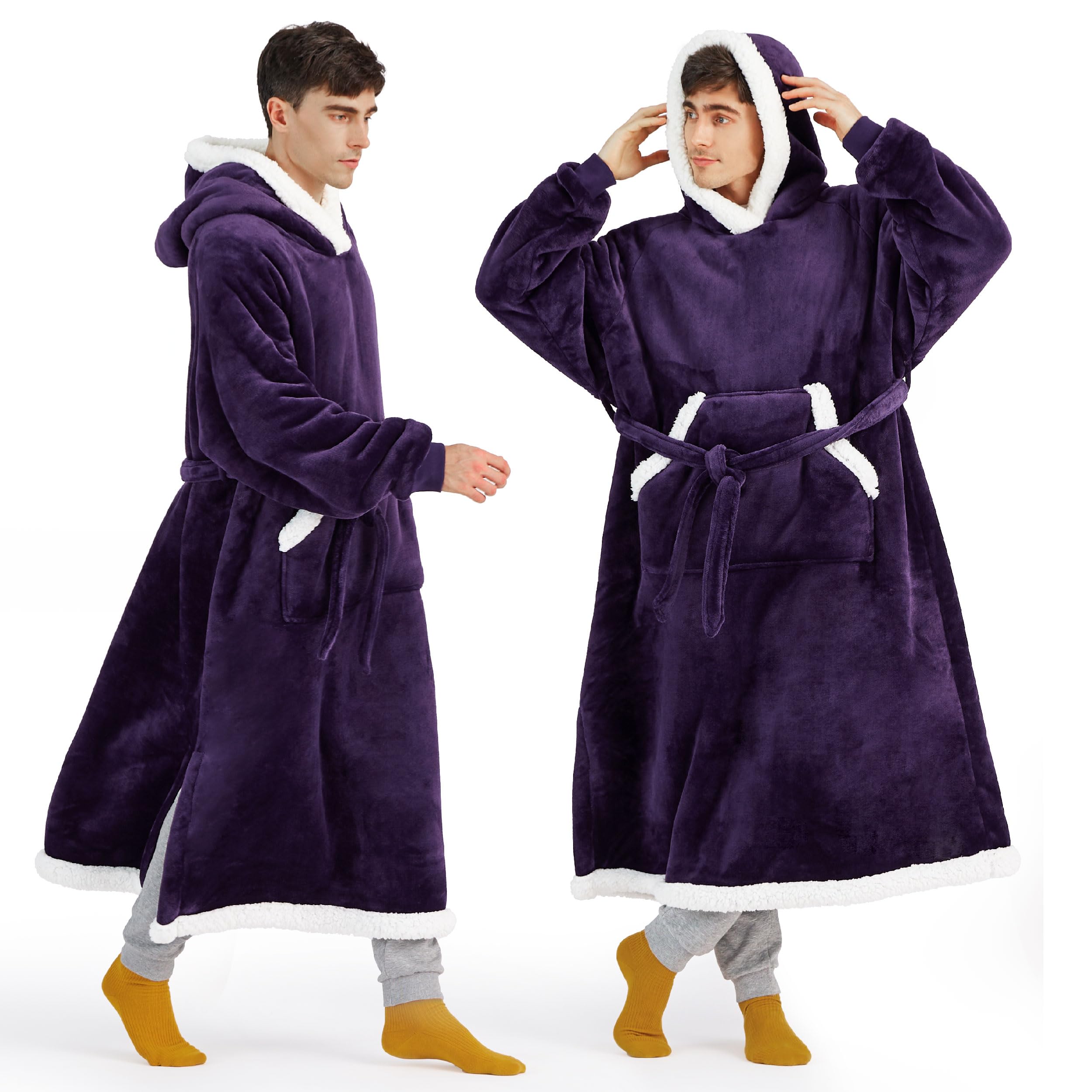 Bedsure dark purple wearable blanket hoodie front view showing cozy fit and coverage