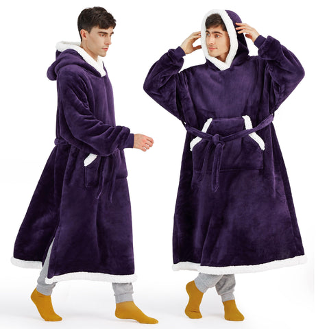 Bedsure dark purple wearable blanket hoodie front view showing cozy fit and coverage