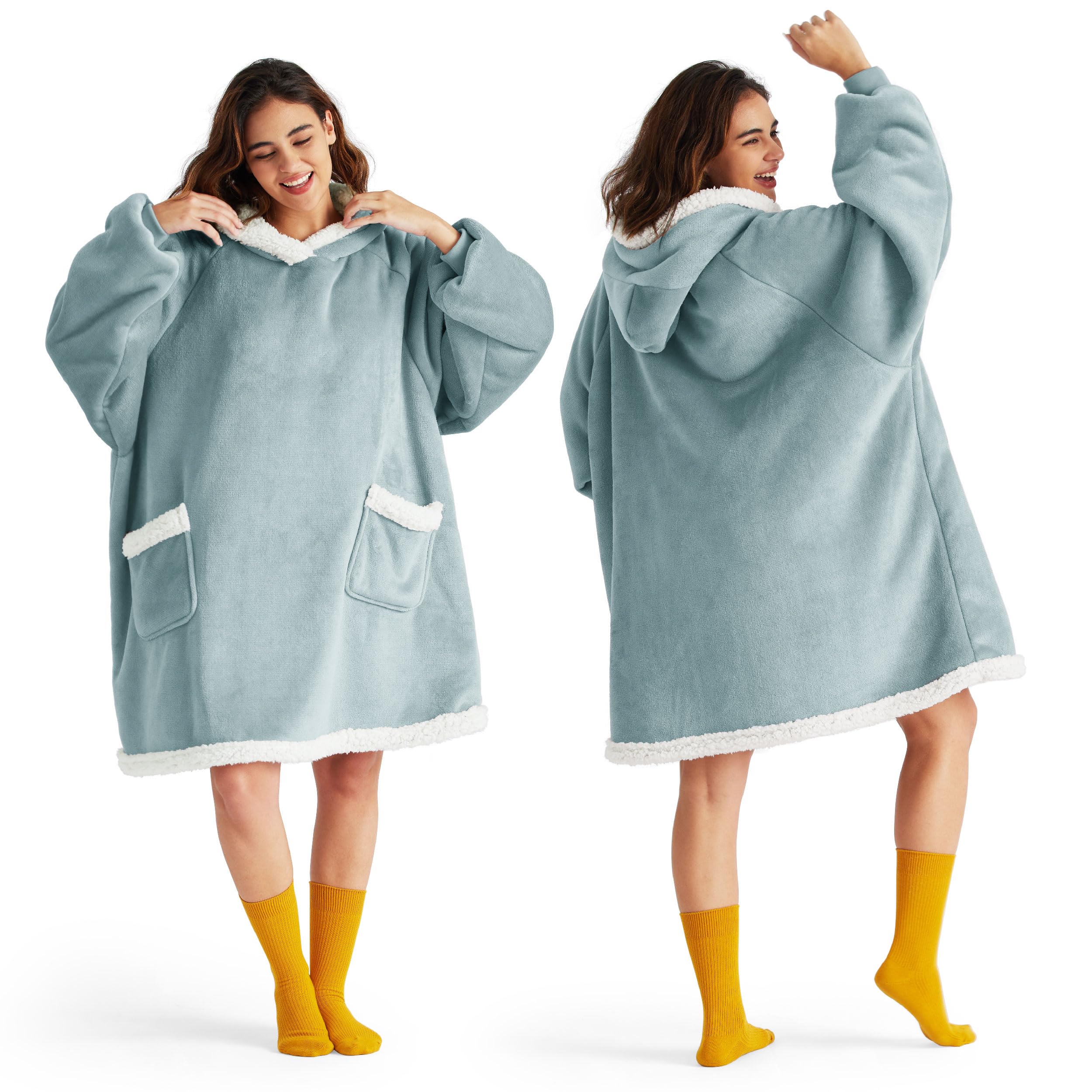 Bedsure wearable blanket front view showing cozy green design and warmth