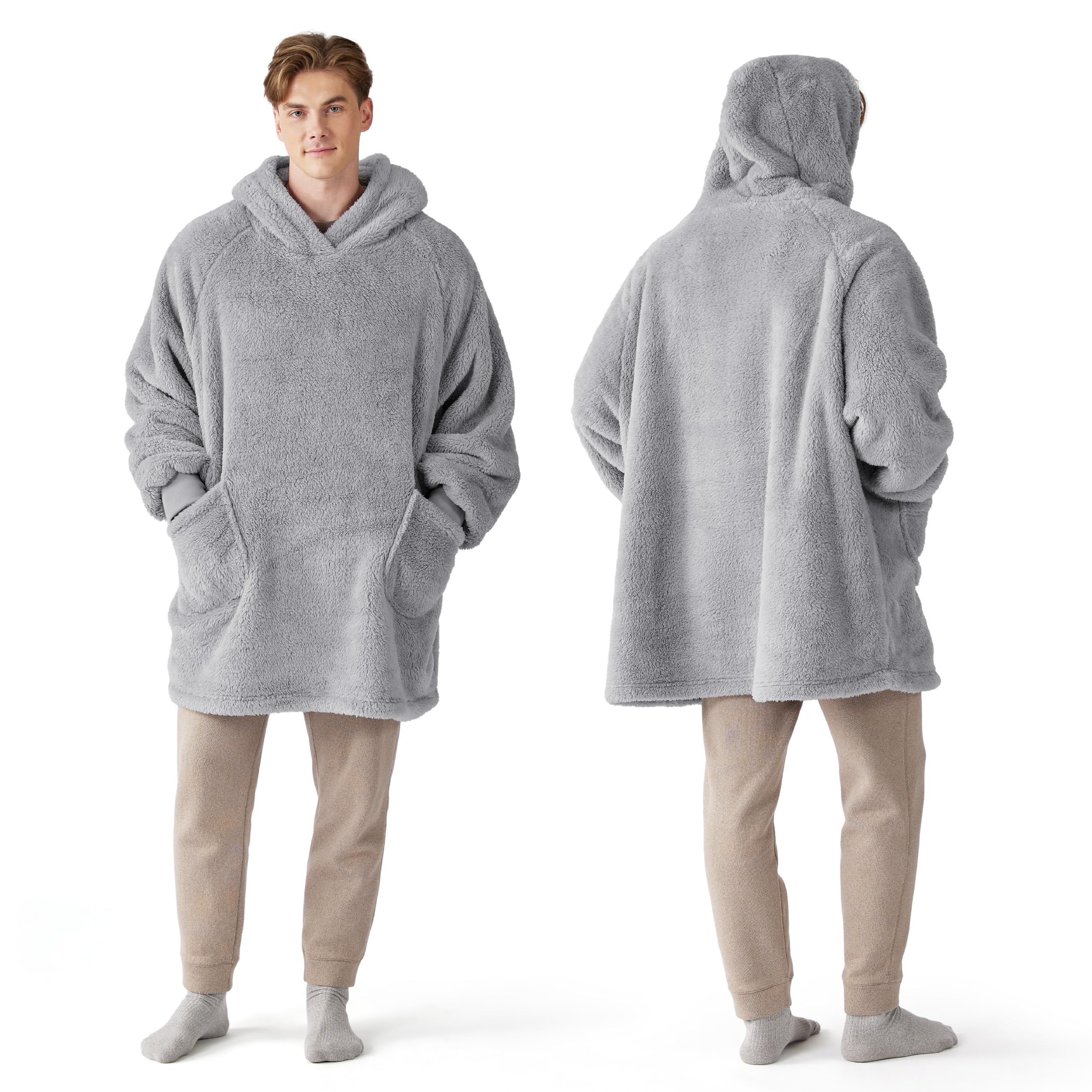 Bedsure front view of grey wearable blanket hoodie showing roomy fit and warmth