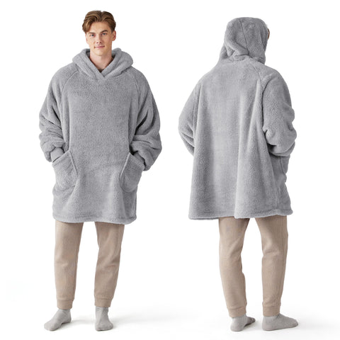 Bedsure front view of grey wearable blanket hoodie showing roomy fit and warmth