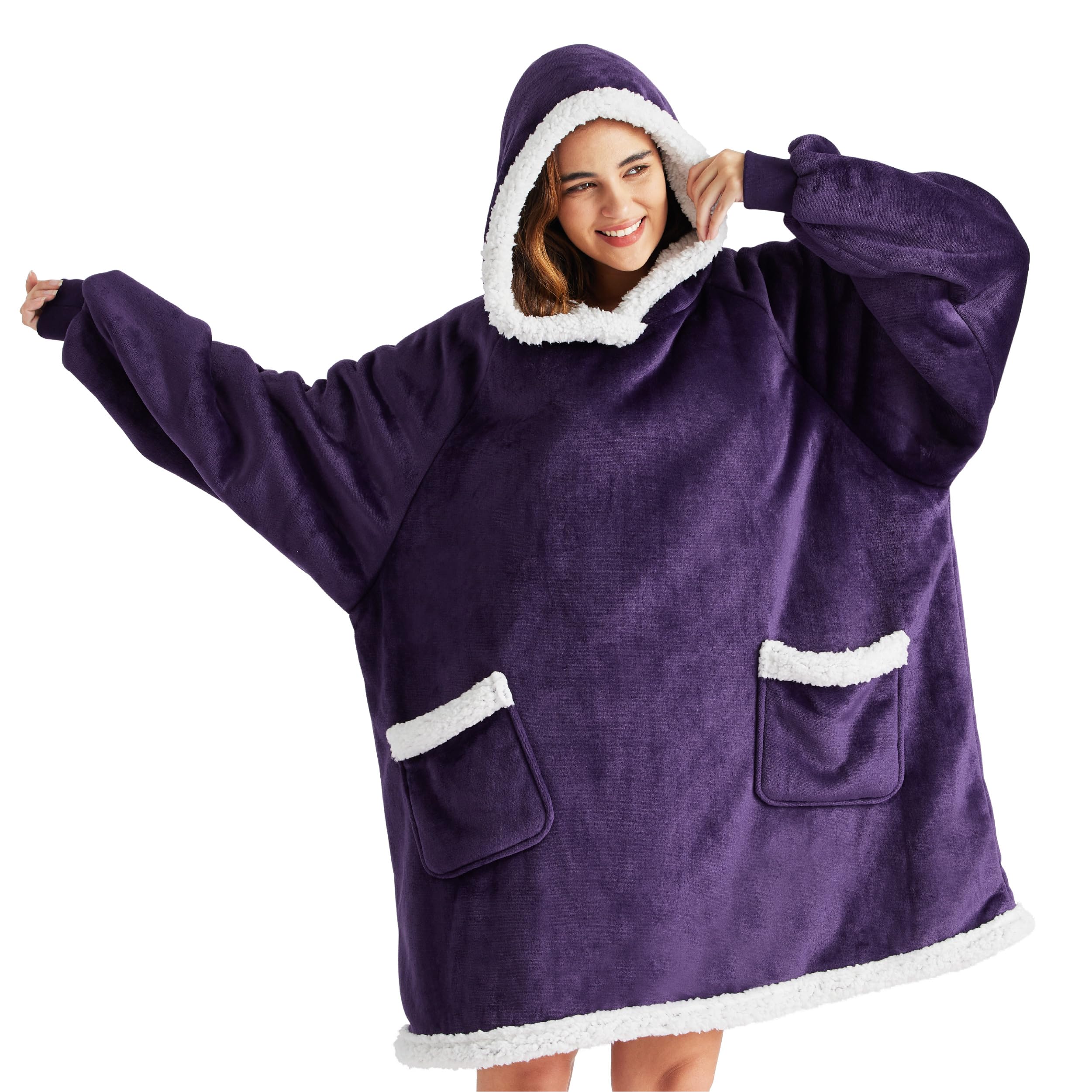 Bedsure front view of purple wearable blanket hoodie showing cozy fit and coverage