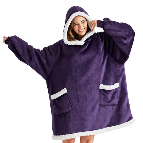Bedsure front view of purple wearable blanket hoodie showing cozy fit and coverage
