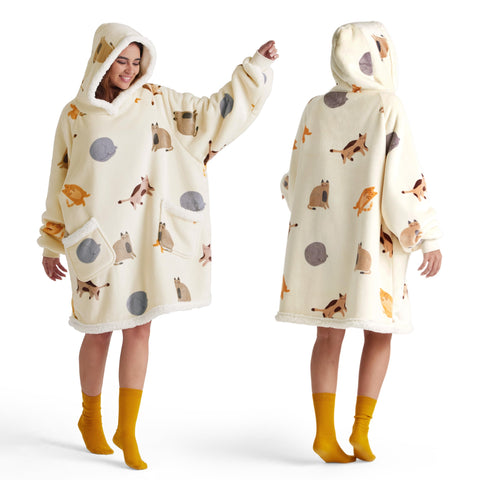 Bedsure wearable blanket front view showing cozy oversized fit and hood for warmth