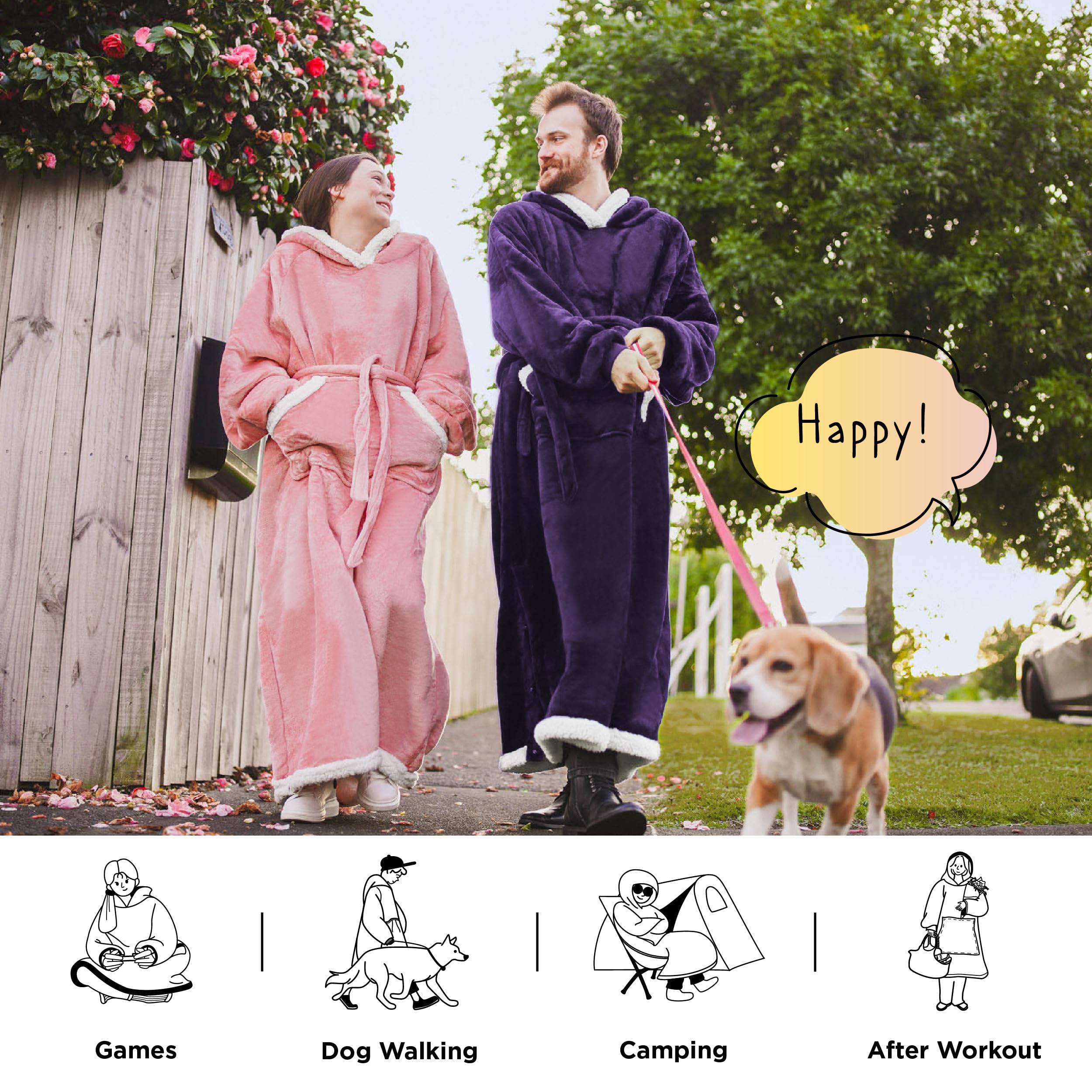 Flat-lay Bedsure hoodie beside size guide showing available three-size fit options