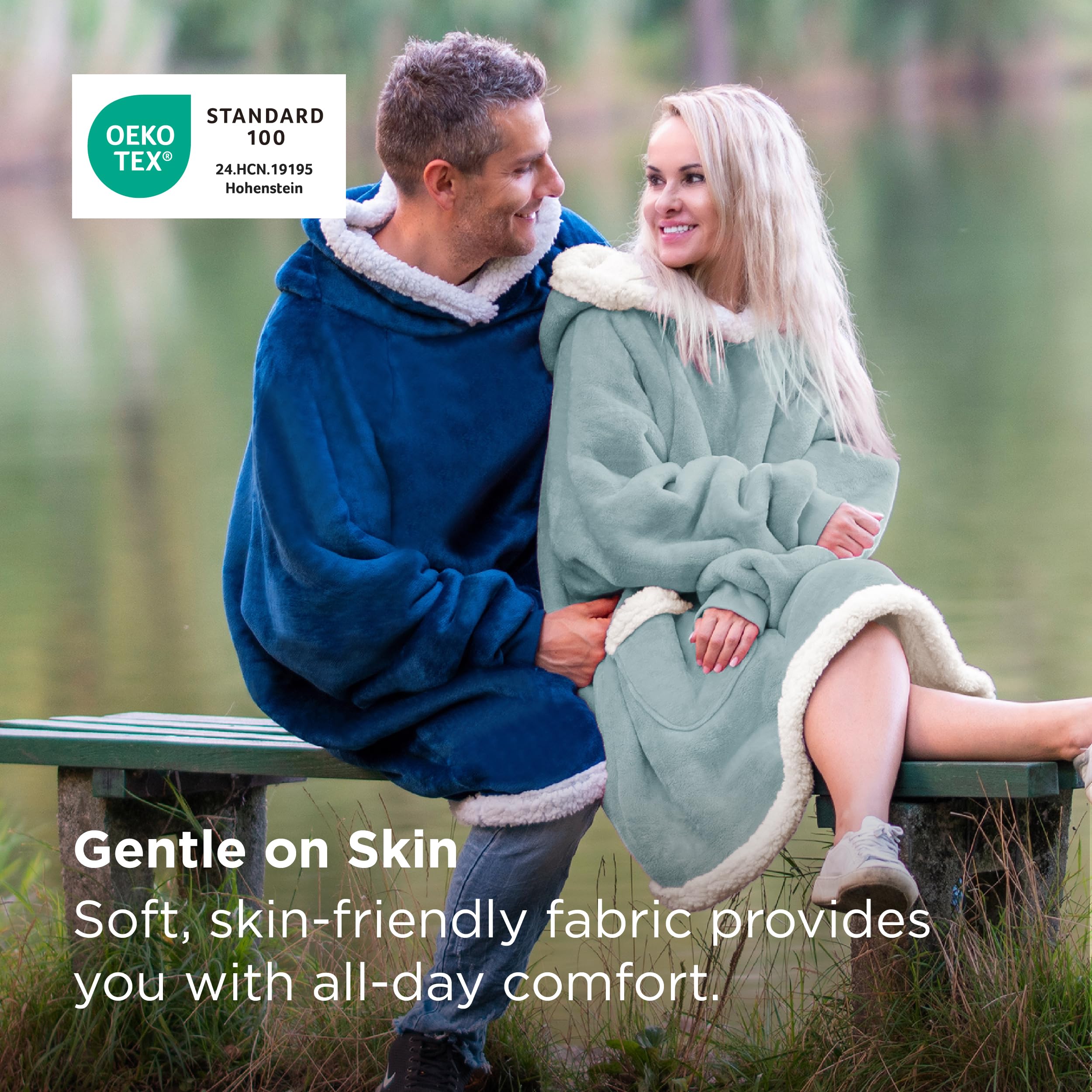 Bedsure hoodie worn on couch illustrating freedom of movement and comfort