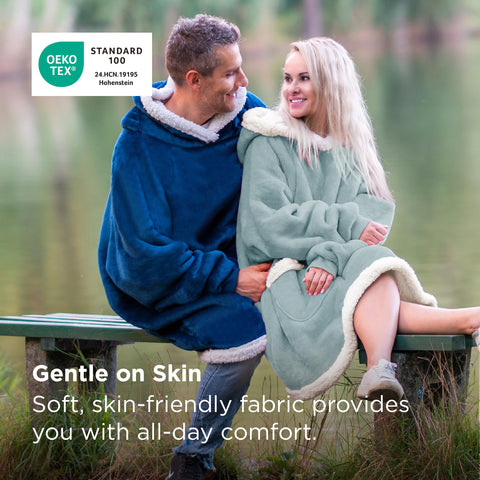 Bedsure hoodie worn on couch illustrating freedom of movement and comfort