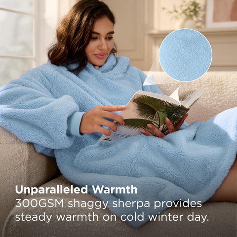 Model wearing Bedsure hoodie lounging on couch showing relaxed use