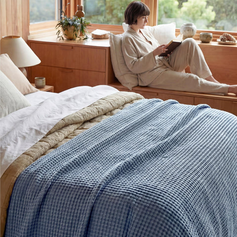 Bedsure blanket in sunlit bedroom demonstrating breathability and calming color
