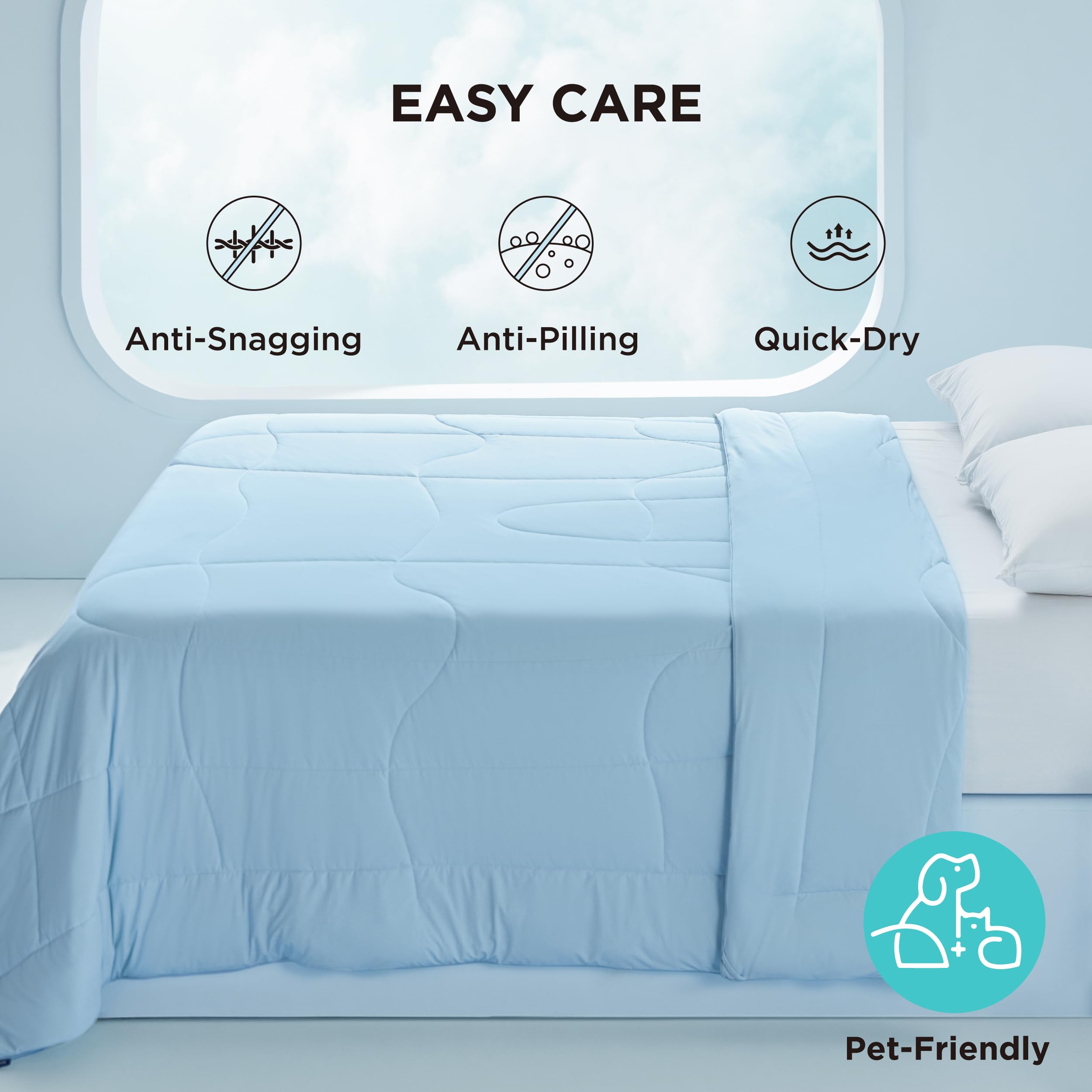 Bedsure comforter held in hand showing soft drape for instant cool-to-touch comfort