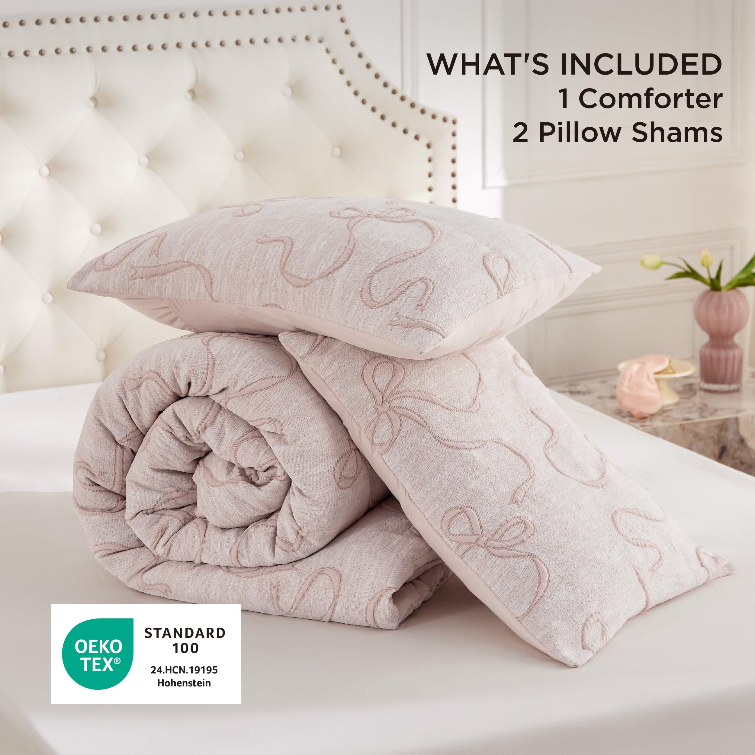 Bedsure model sitting on bed showing gentleSoft comfort and softness