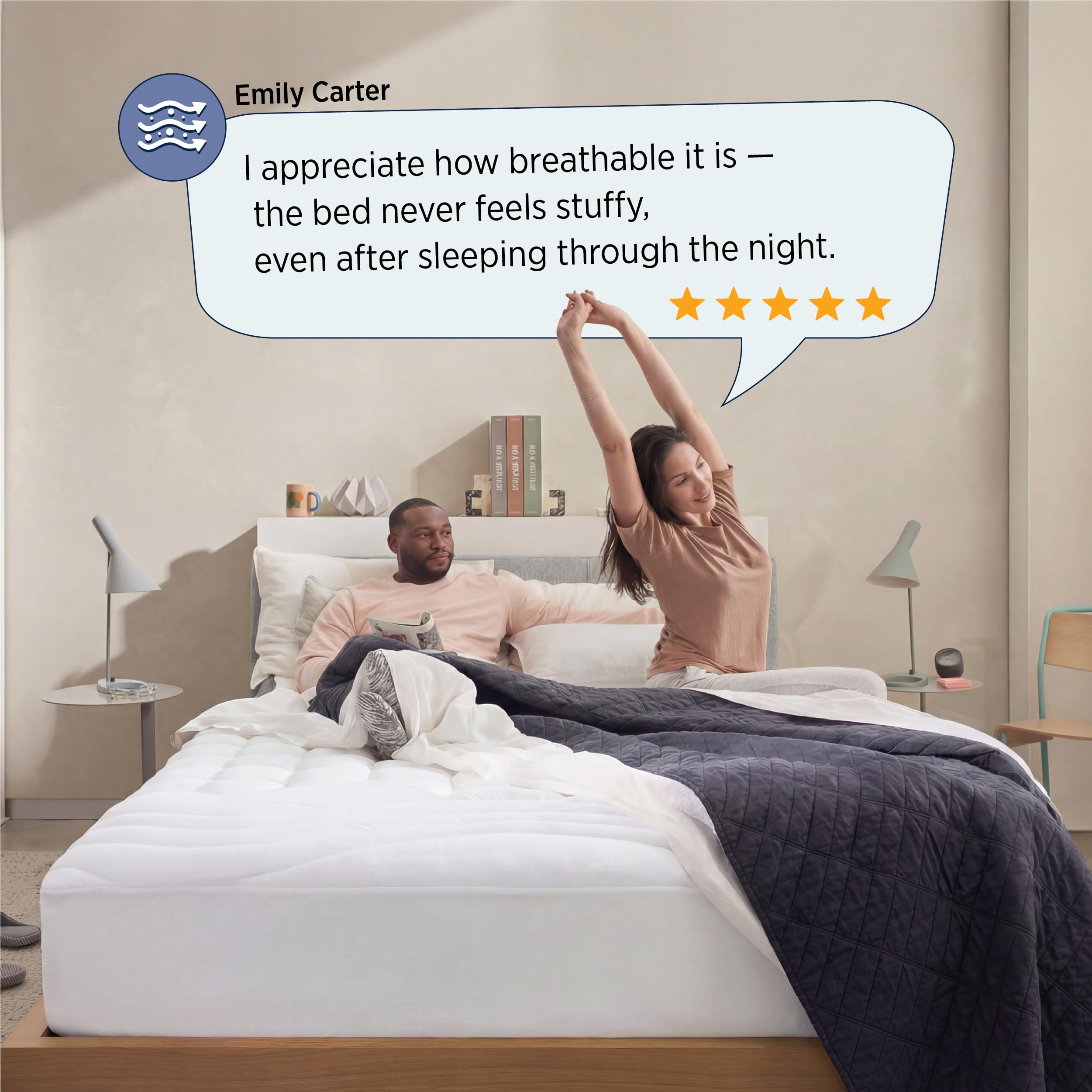 Bedsure mattress pad on made bed in bedroom showing quiet comfortable sleep