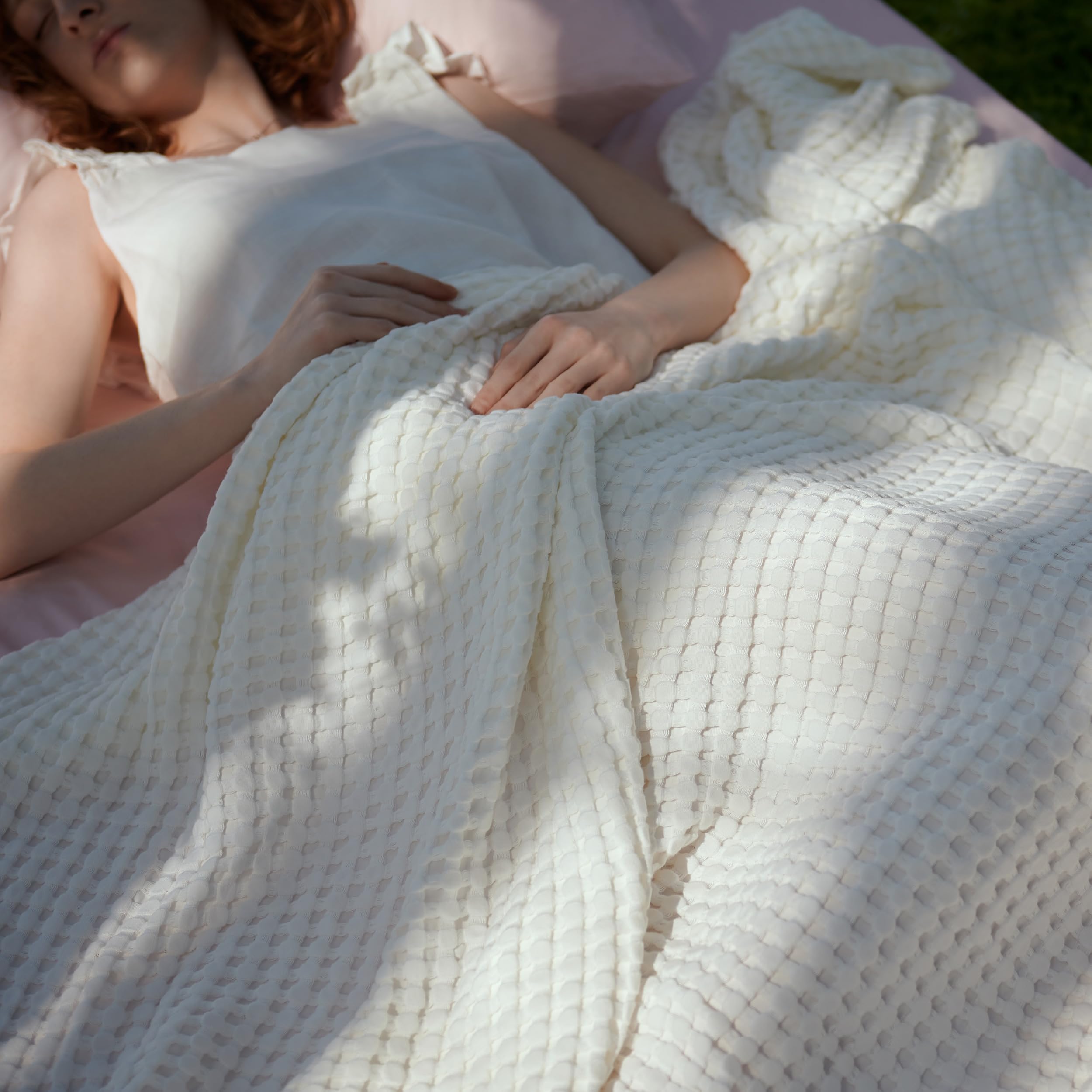 Bedsure ivory oversized king front view shows breathable waffle design and cozy appeal