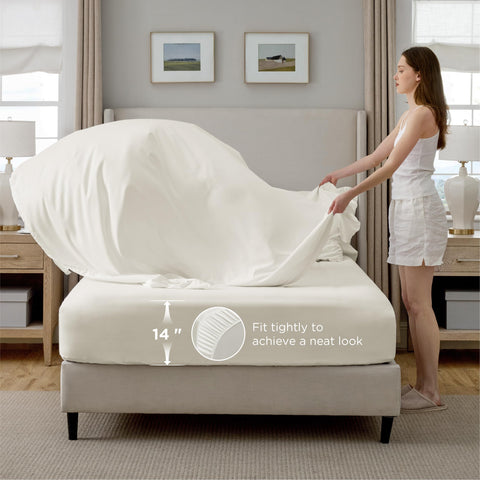 Bedsure Ivory sheet flat-lay showing smooth finish and coordinated set