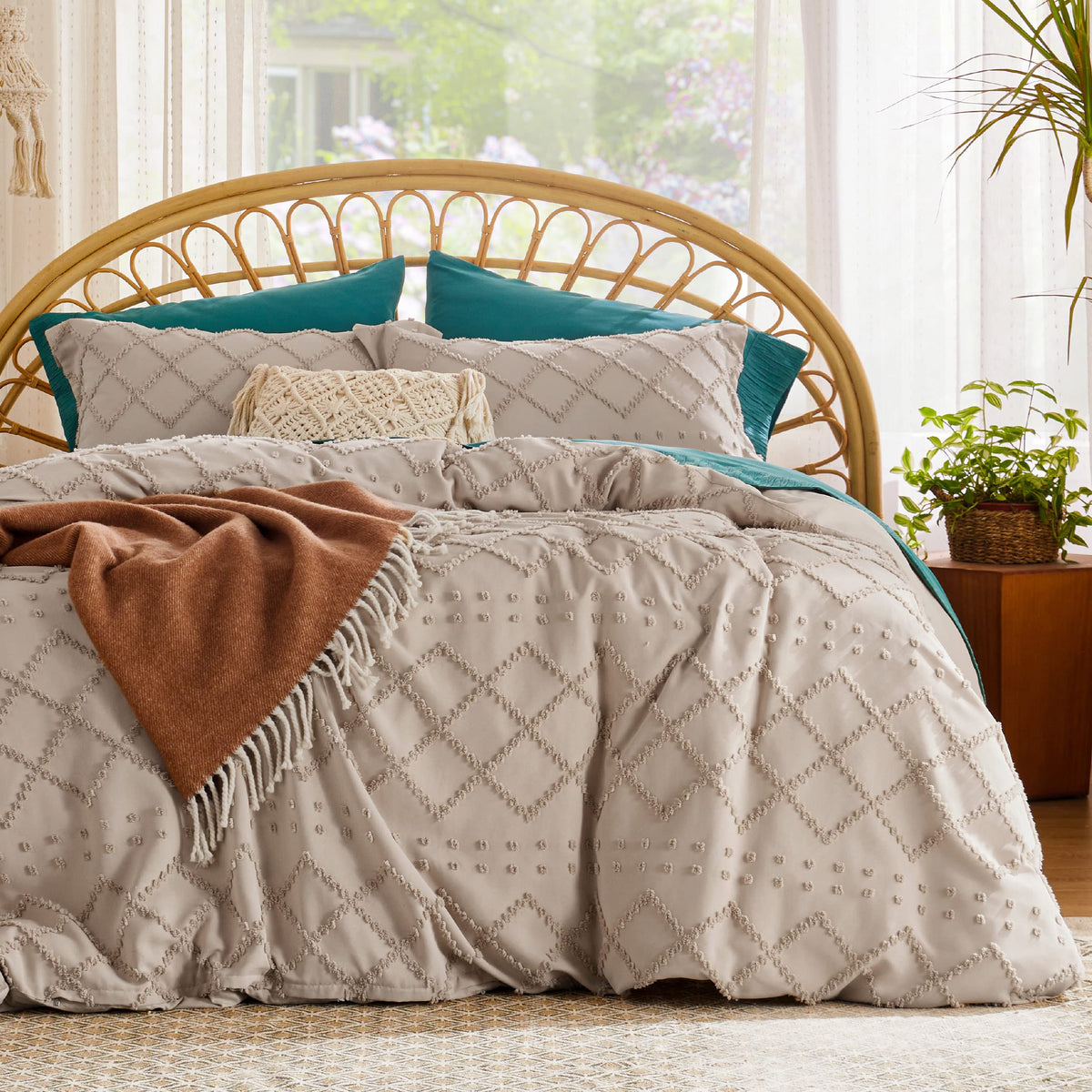 Bedsure khaki boho duvet cover front view shows calming style and easy bedding update