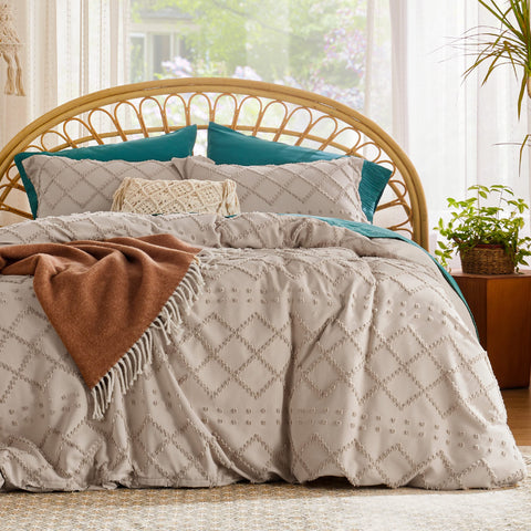Bedsure khaki boho duvet cover front view shows calming style and easy bedding update