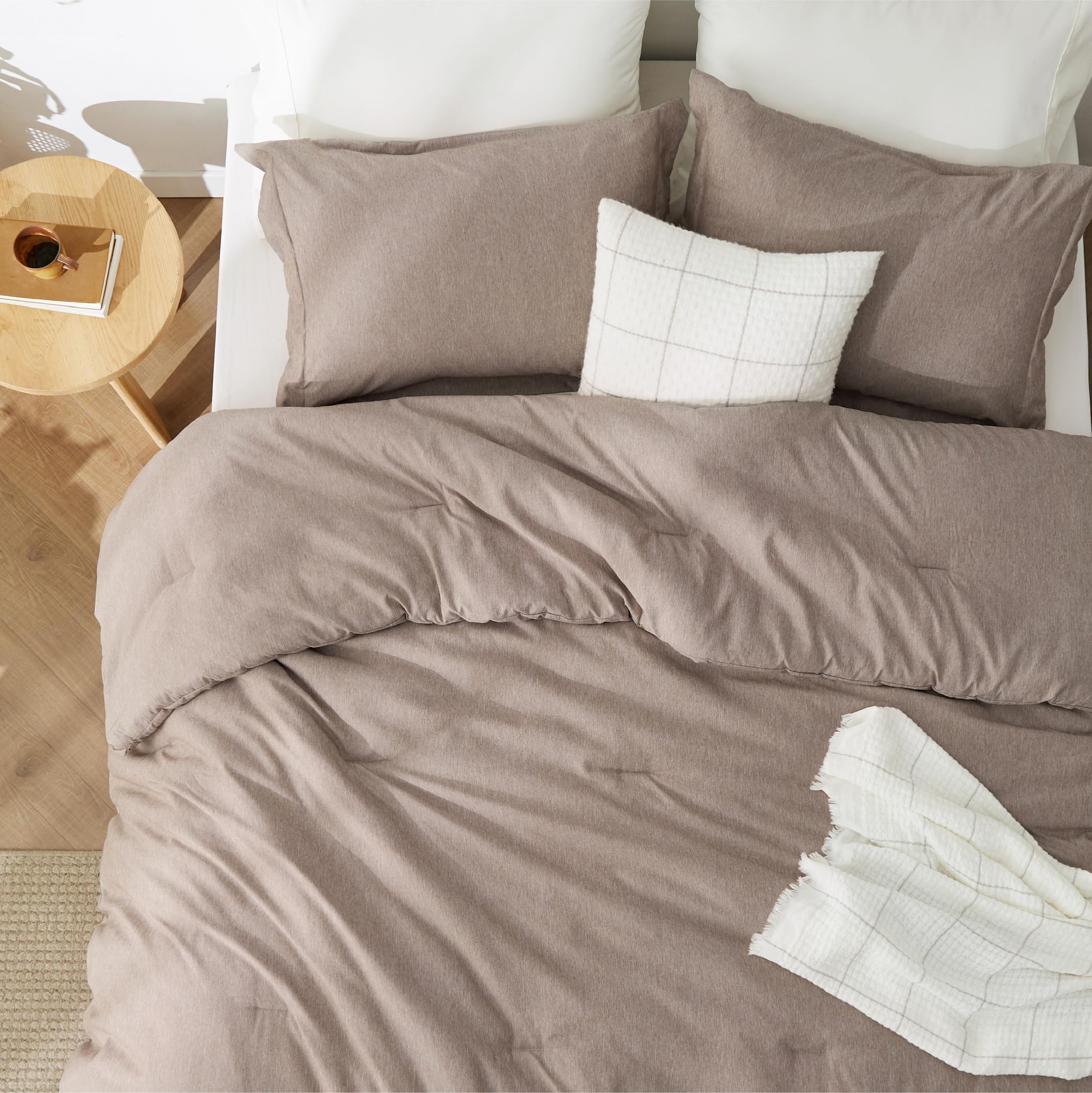 Bedsure khaki folded on shelf illustrating compact storage and easy care