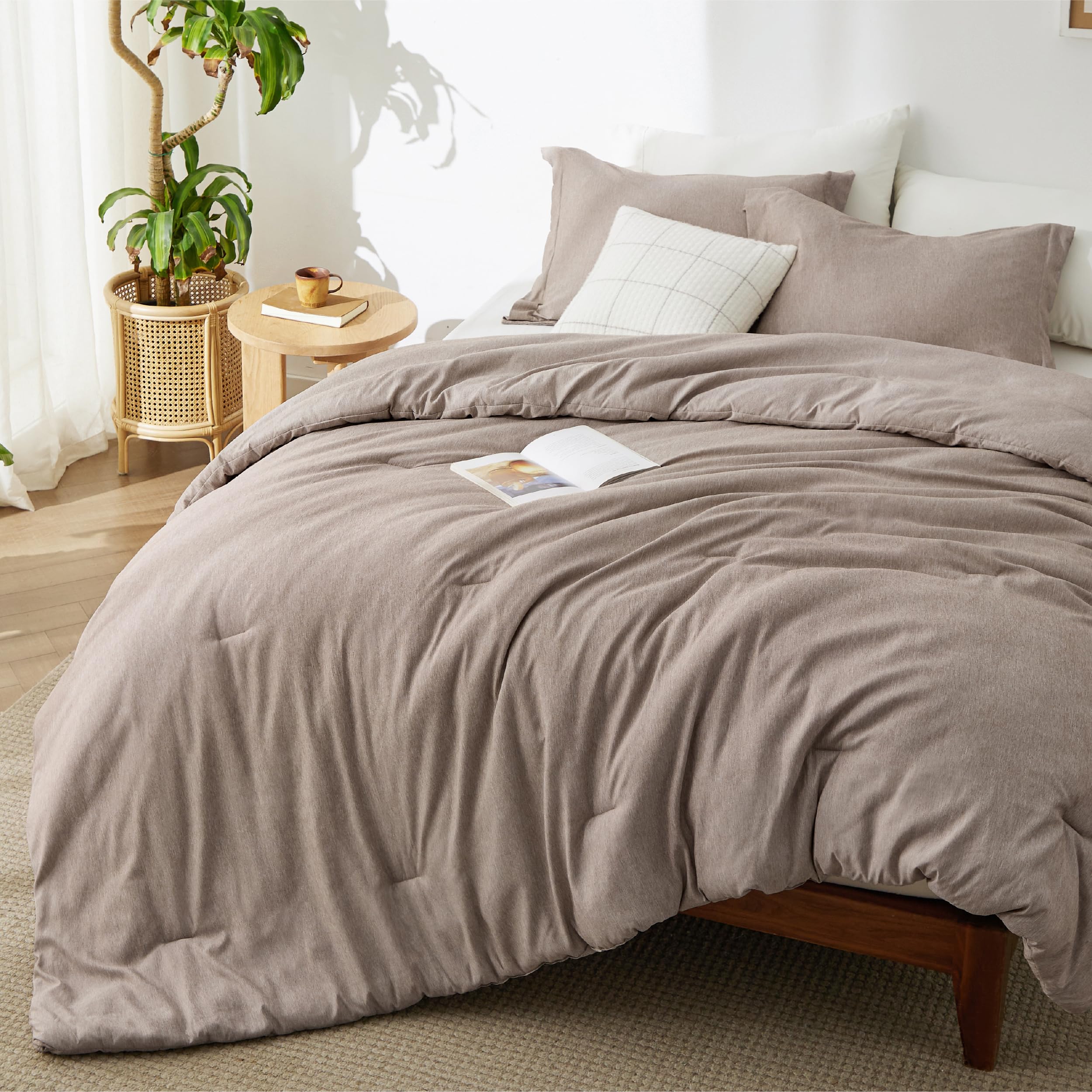 Bedsure khaki comforter front view showing full queen coverage and neat drape