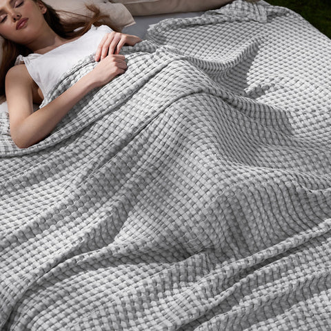 Bedsure king blanket front folded showing grey waffle texture and breathable look