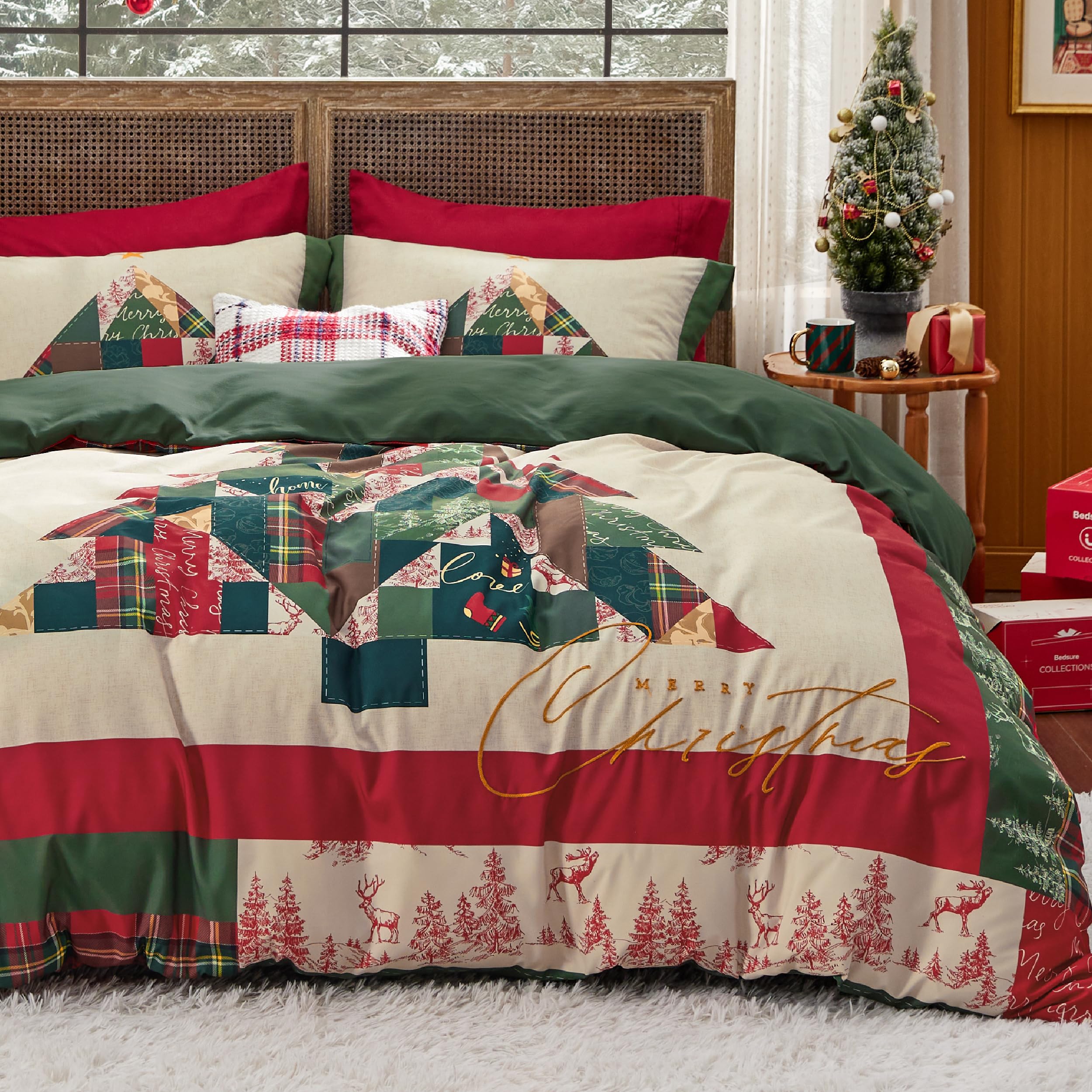 Bedsure king duvet cover front view showing festive tree pattern and cozy look