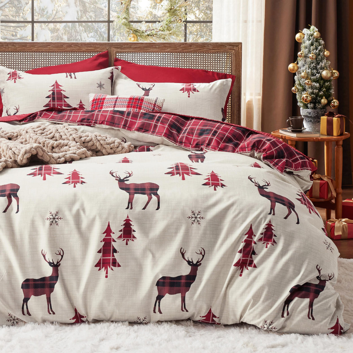 Bedsure king duvet front view showing red buffalo check, adds cozy holiday style