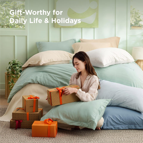Bedsure styled bedroom with set displayed illustrating calm sage color and room-enhancing effect