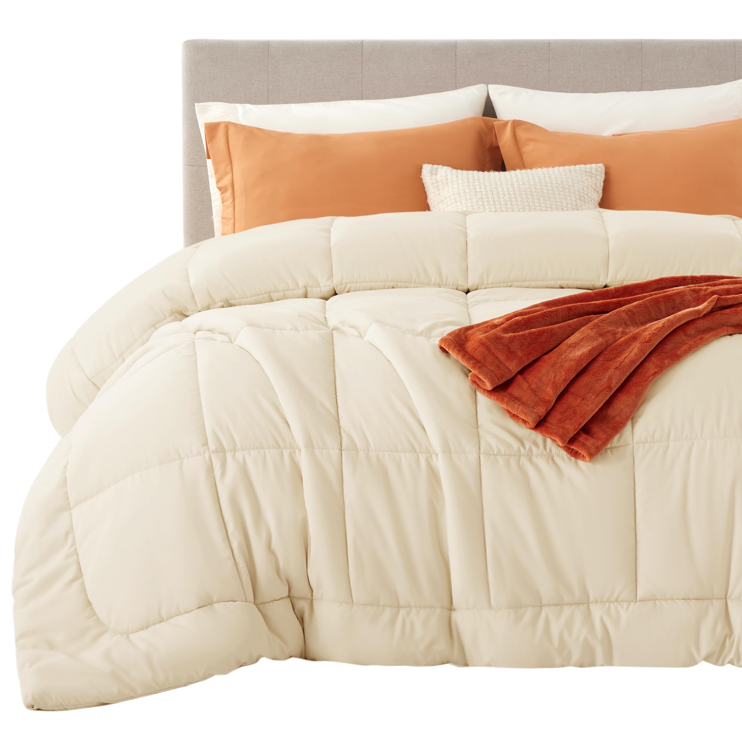 Bedsure front view cream comforter on bed showing clean finish and cozy look