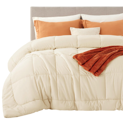 Bedsure front view cream comforter on bed showing clean finish and cozy look