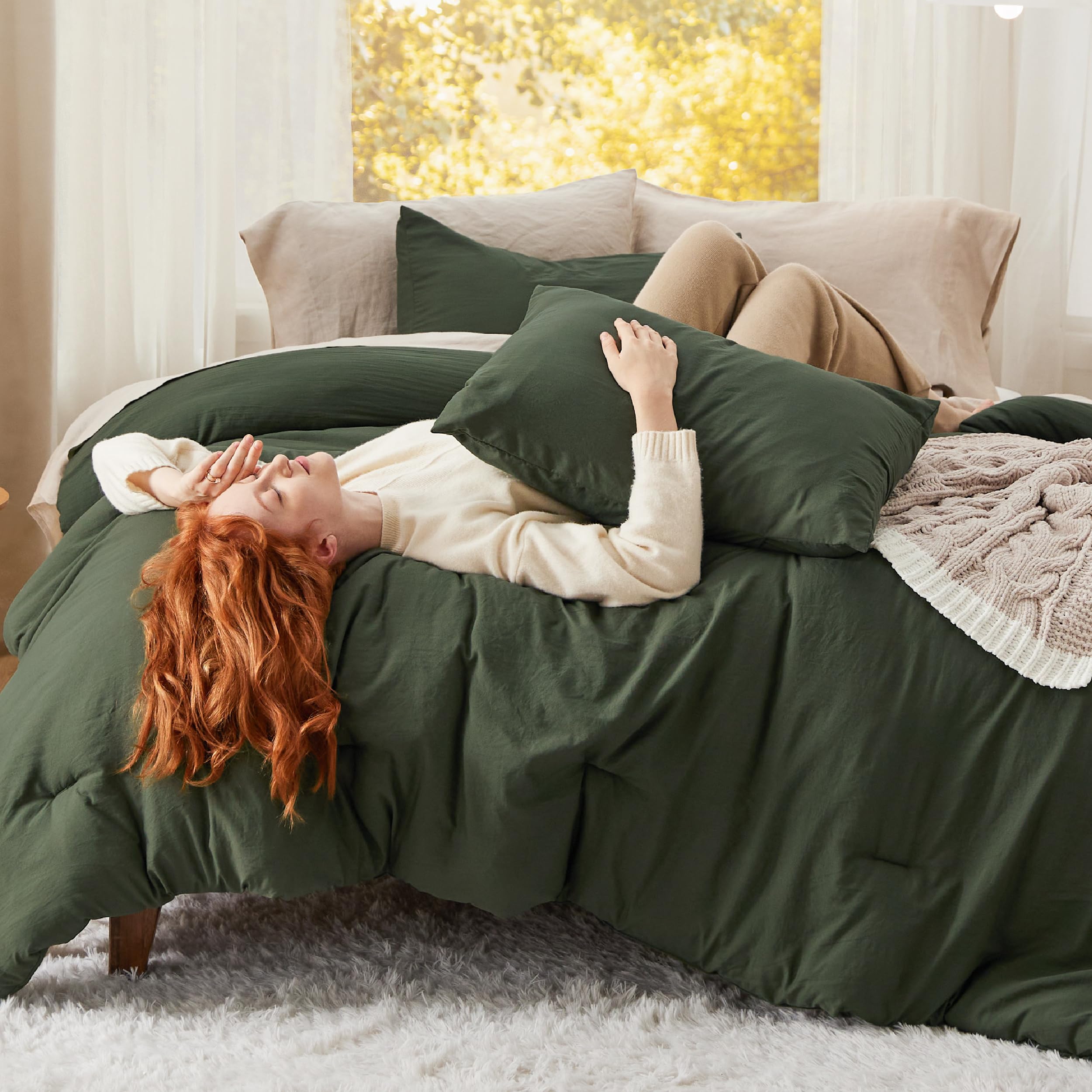 Bedsure front view of dark green king comforter shows cozy aesthetic and large coverage