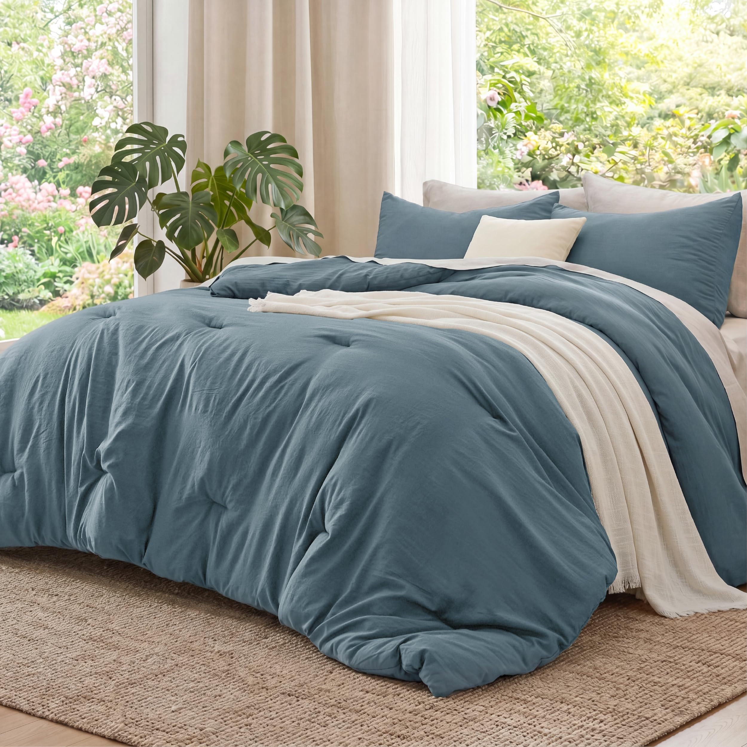 Bedsure front view of king comforter in slate blue showing full bed coverage benefit
