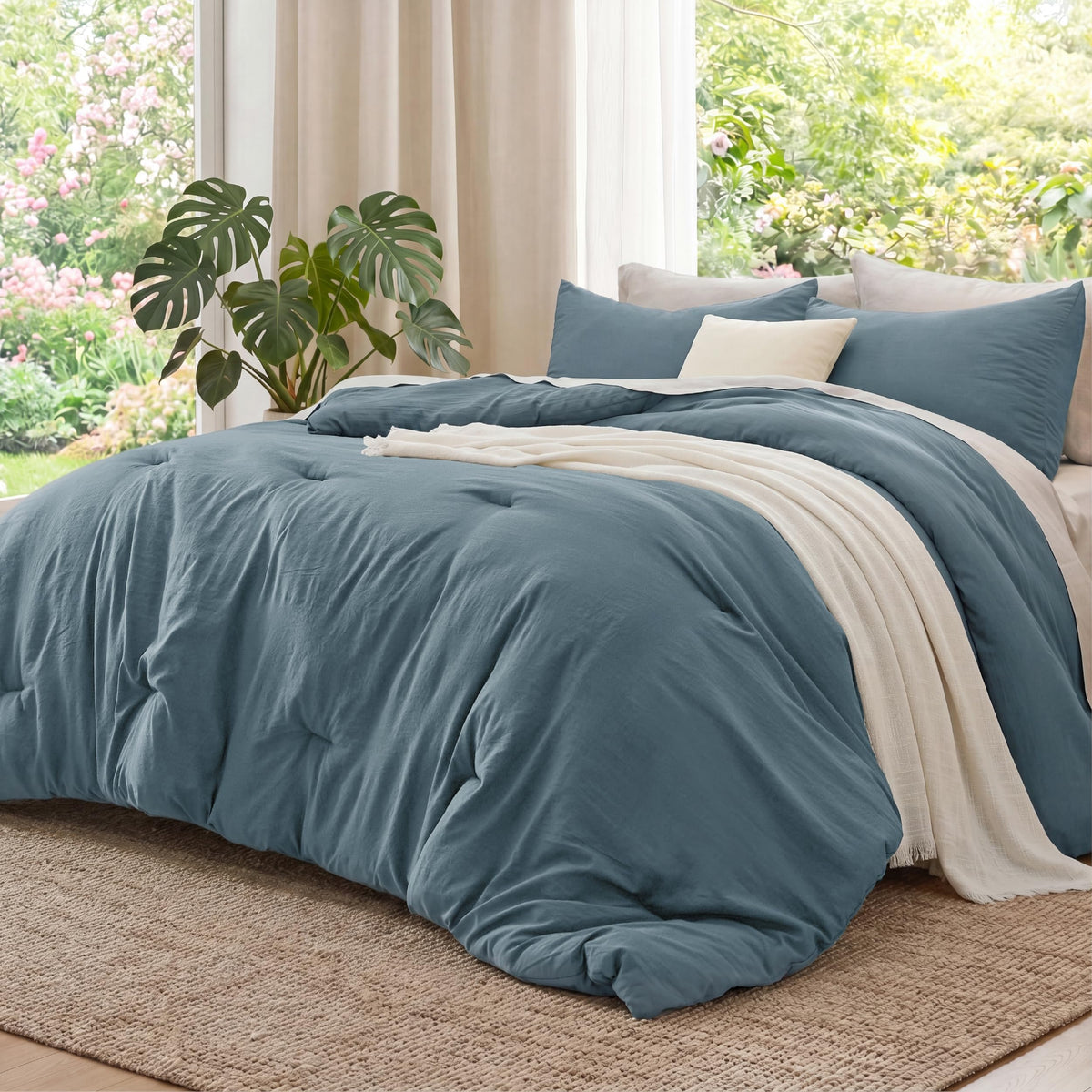 Bedsure front view of king comforter in slate blue showing full bed coverage benefit