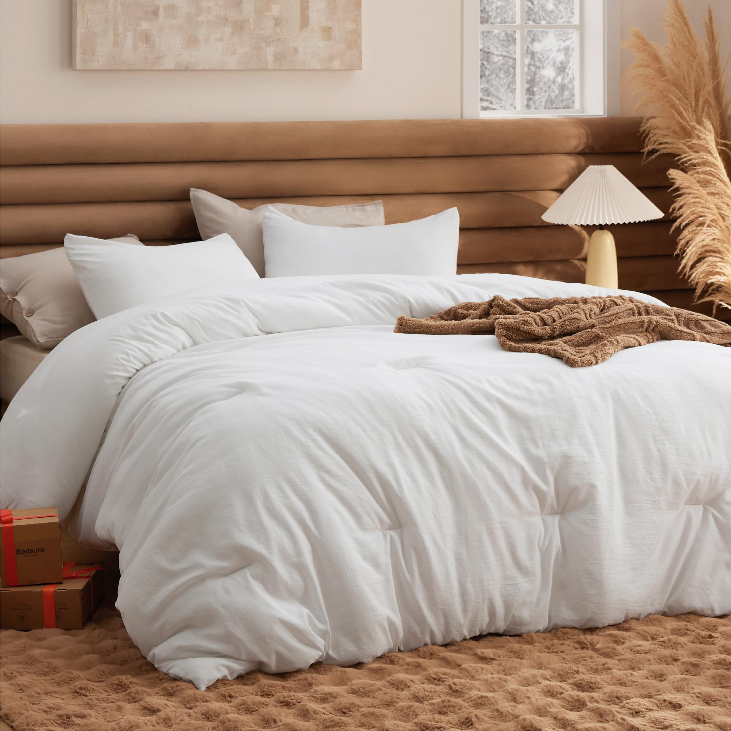 Bedsure front view of king comforter showing clean white finish and tailored look