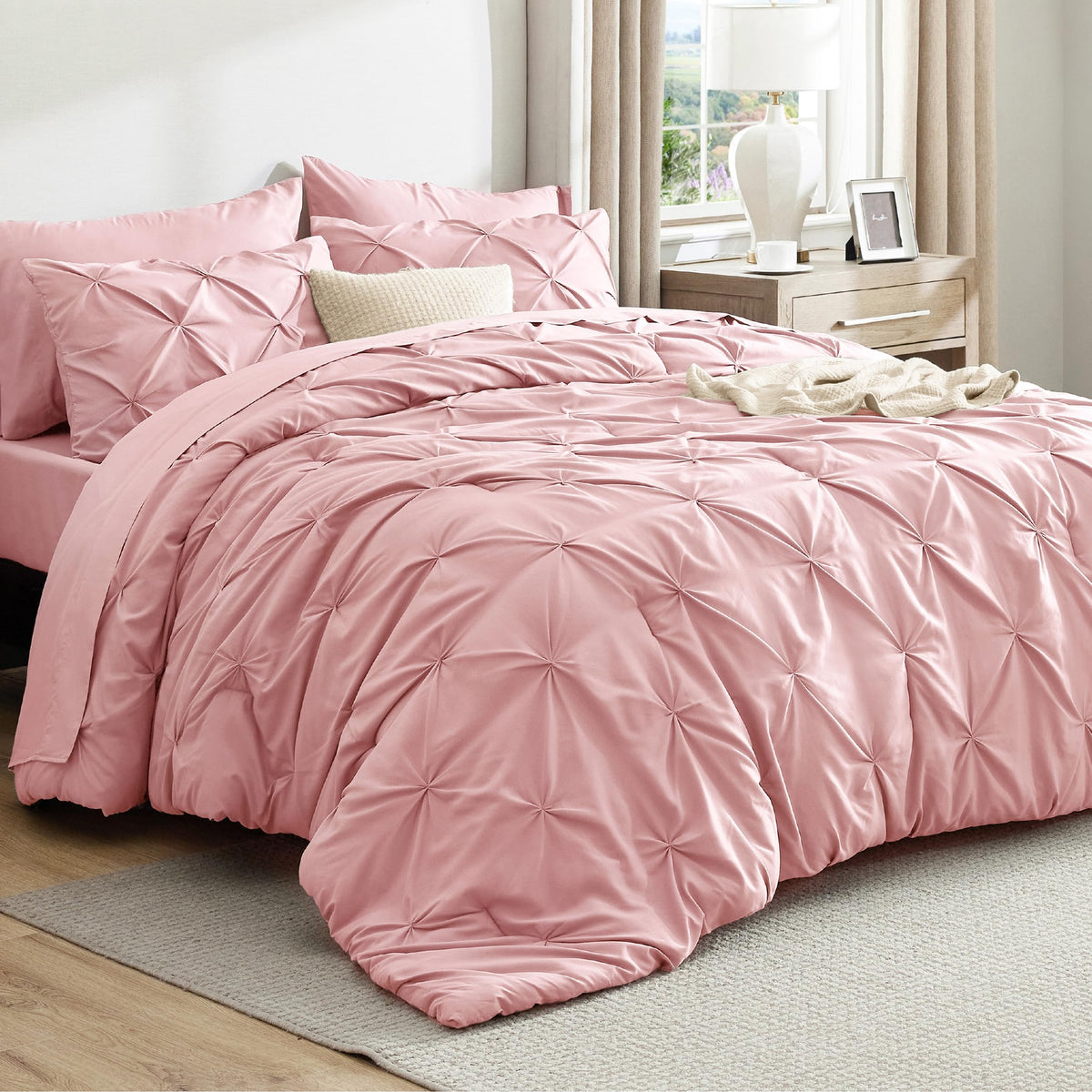 Bedsure front view of pink king comforter set showing full-bed elegance and cohesive design