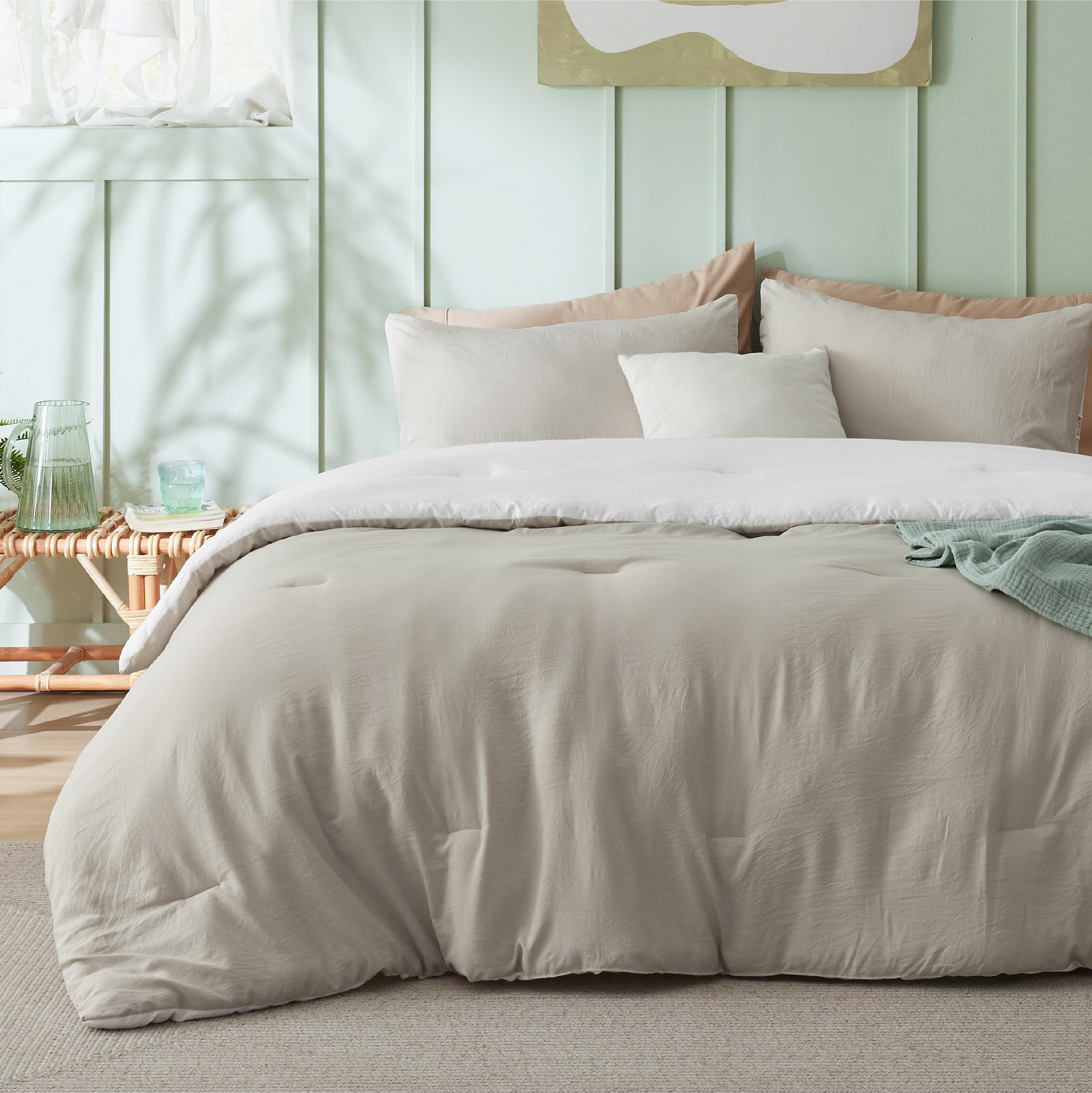 Bedsure front view showing beige king comforter and neat drape for instant comfort