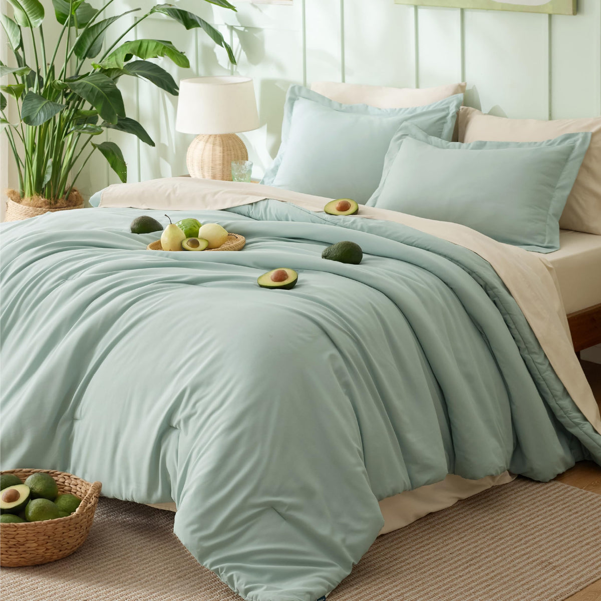 Bedsure front view of king comforter set showing complete sage green styling and cozy appeal