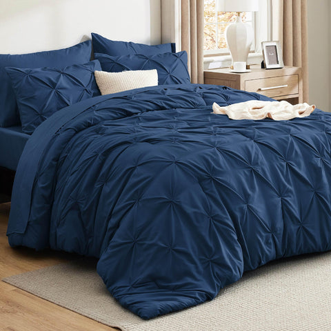 Bedsure front view of full king set, navy blue, creates inviting bed